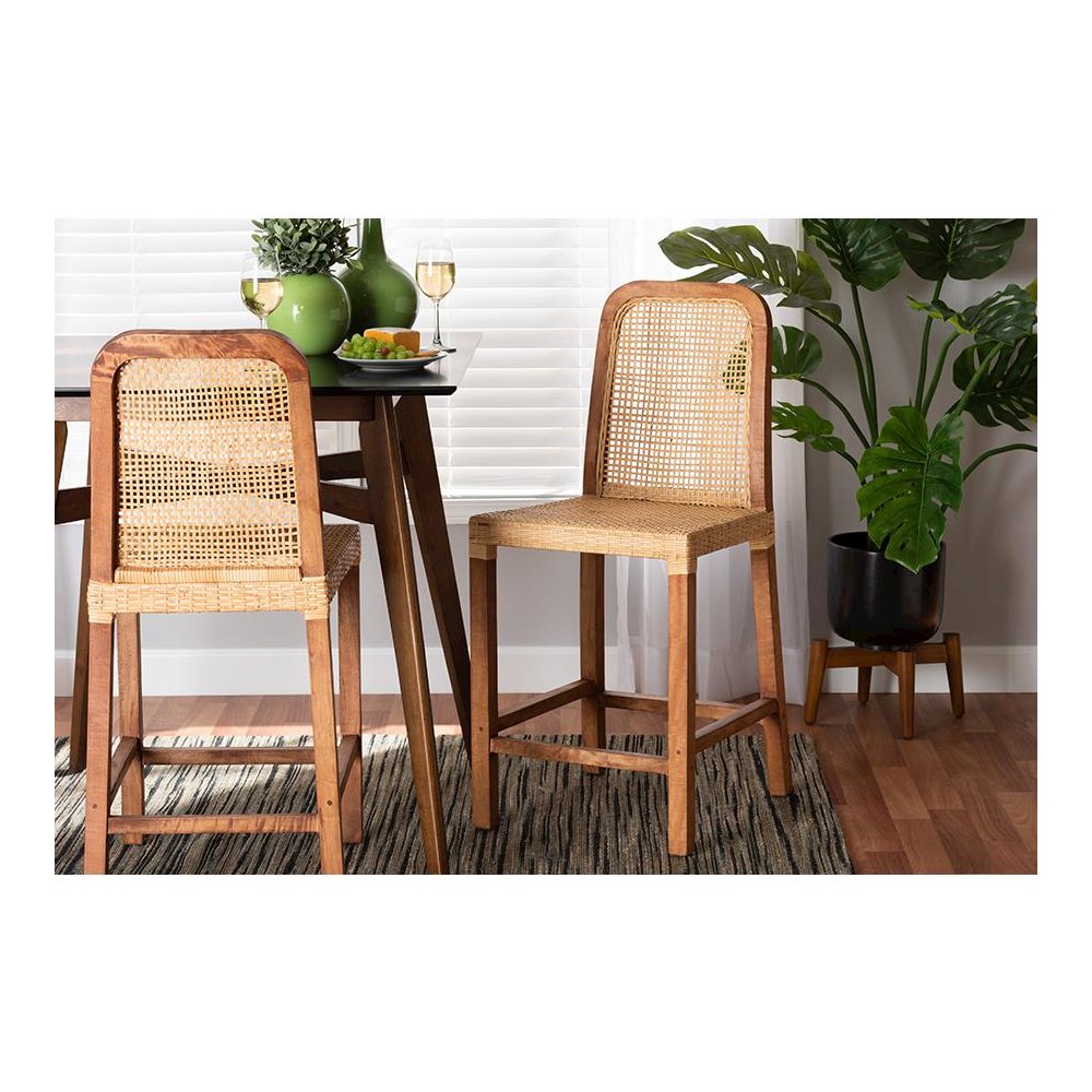 Walnut Brown Mahogany Wood and Natural Rattan Counter Stool. Picture 8