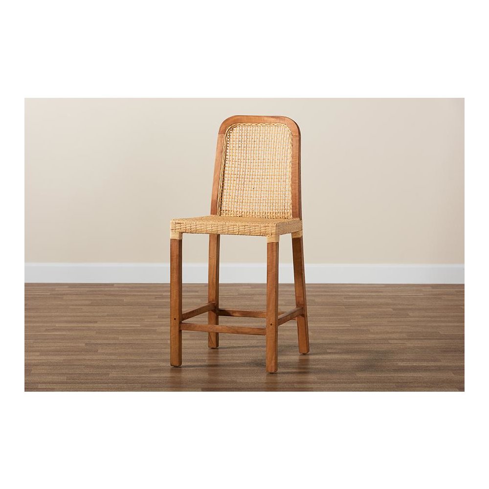 Walnut Brown Mahogany Wood and Natural Rattan Counter Stool. Picture 9