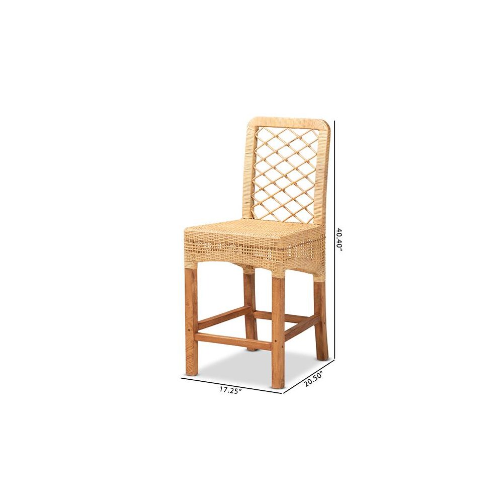 Bohemian Natural Brown Rattan and Walnut Brown Mahogany Wood Counter Stool. Picture 10