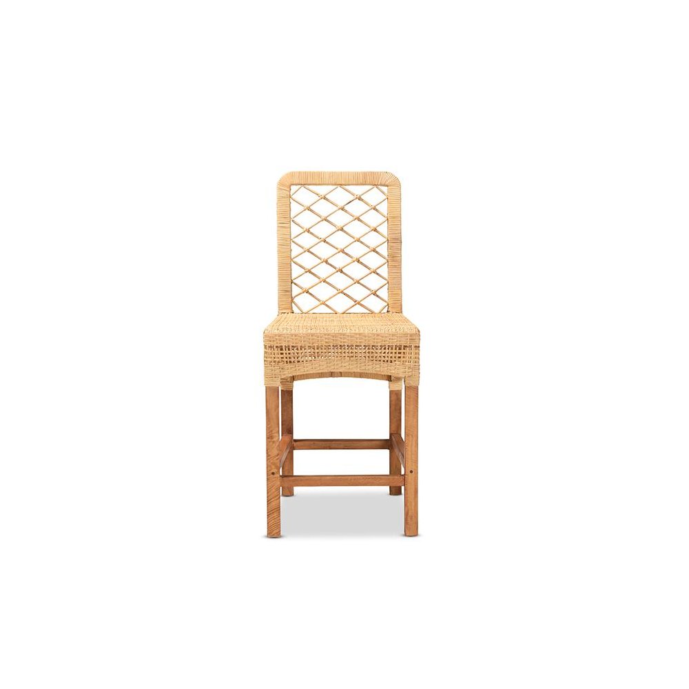 Bohemian Natural Brown Rattan and Walnut Brown Mahogany Wood Counter Stool. Picture 2