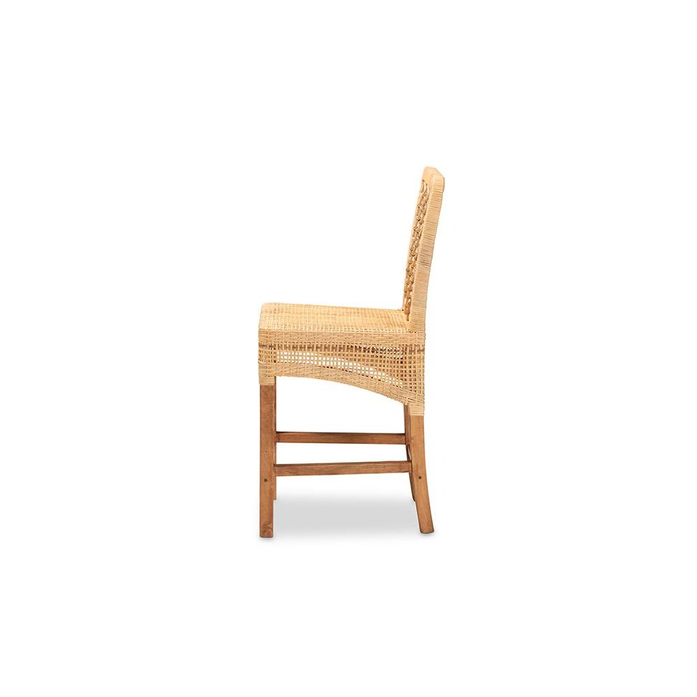 Bohemian Natural Brown Rattan and Walnut Brown Mahogany Wood Counter Stool. Picture 3