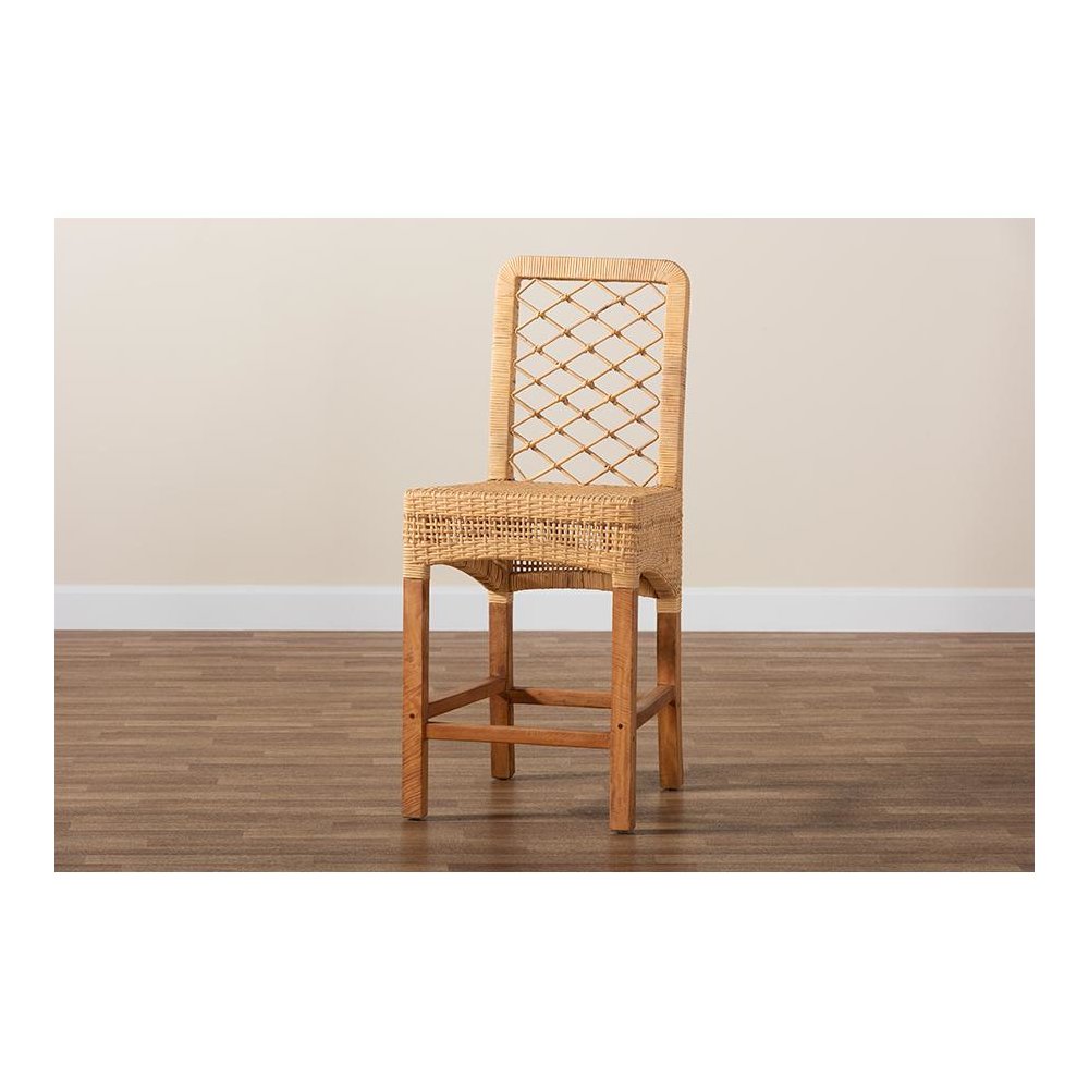 Bohemian Natural Brown Rattan and Walnut Brown Mahogany Wood Counter Stool. Picture 9