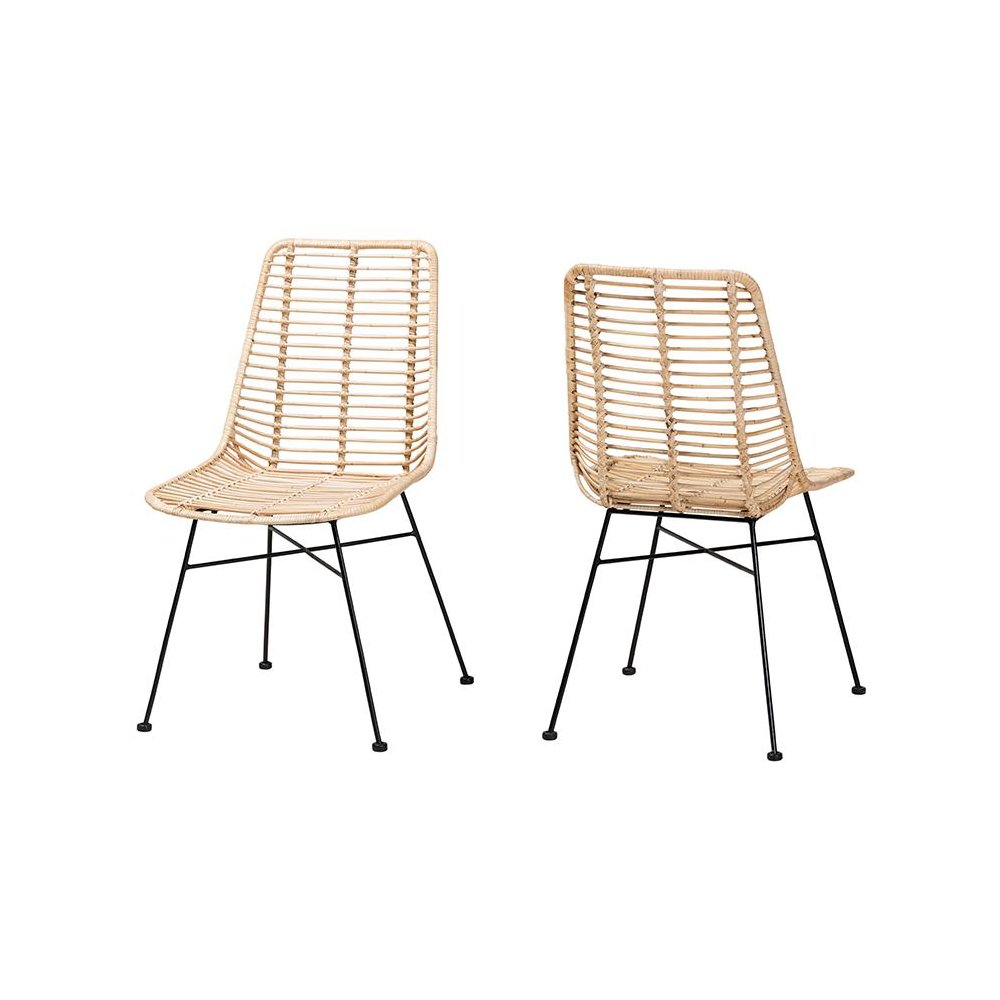 Bohemian Natural Brown Rattan and Black Metal 2-Piece Dining Chair Set. Picture 1