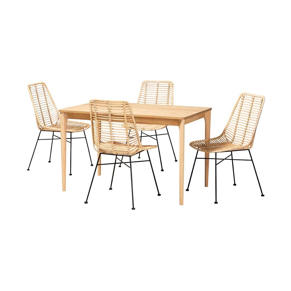 Bohemian Rattan and Natural Oak Finished Wood 5-Piece Dining Set. Picture 1