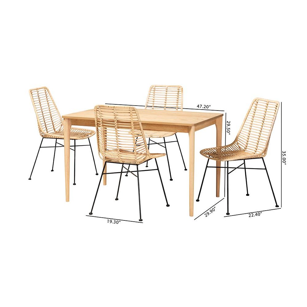 Bohemian Rattan and Natural Oak Finished Wood 5-Piece Dining Set. Picture 10