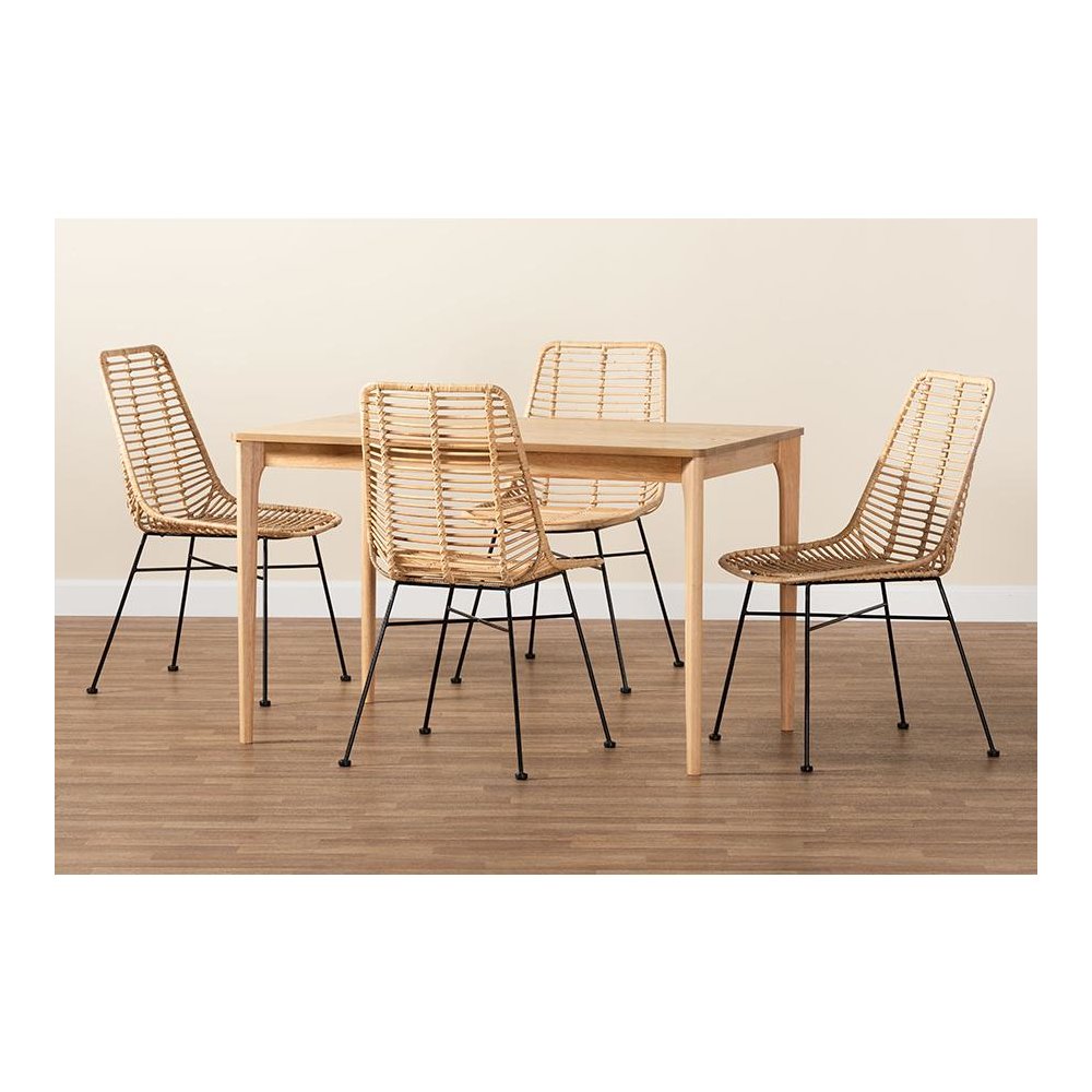 Bohemian Rattan and Natural Oak Finished Wood 5-Piece Dining Set. Picture 9
