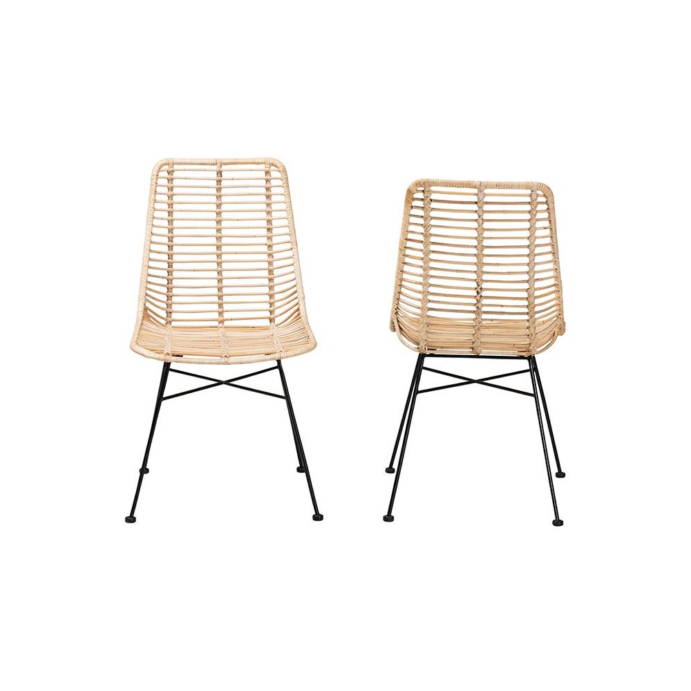 Bohemian Natural Brown Rattan and Black Metal 2-Piece Dining Chair Set. Picture 2