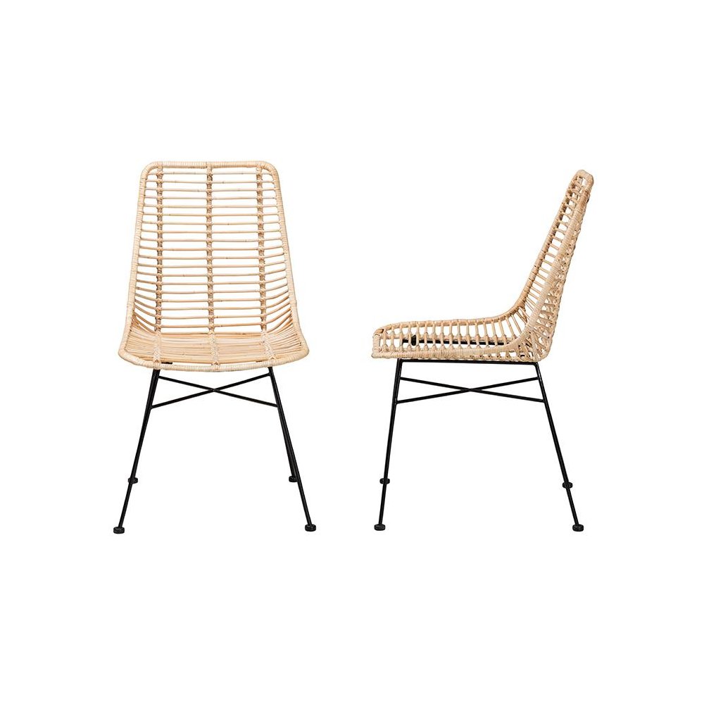 Bohemian Natural Brown Rattan and Black Metal 2-Piece Dining Chair Set. Picture 3