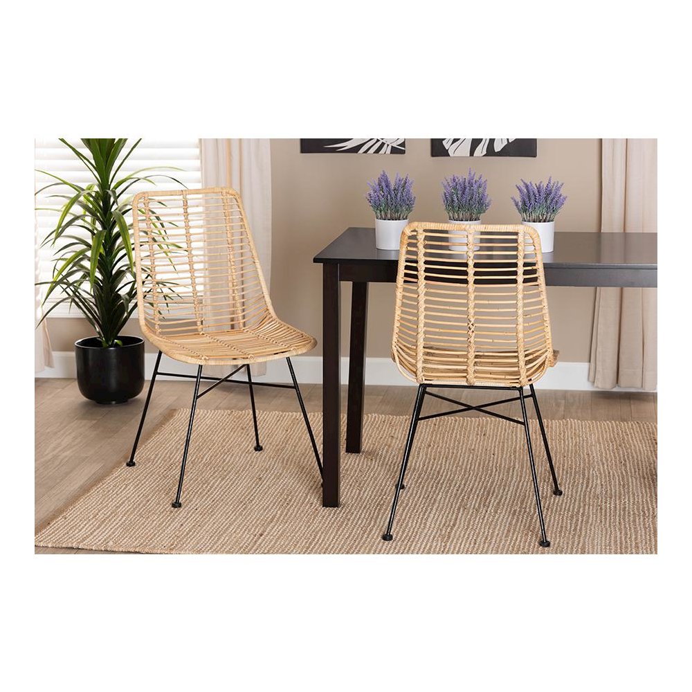 Bohemian Natural Brown Rattan and Black Metal 2-Piece Dining Chair Set. Picture 7