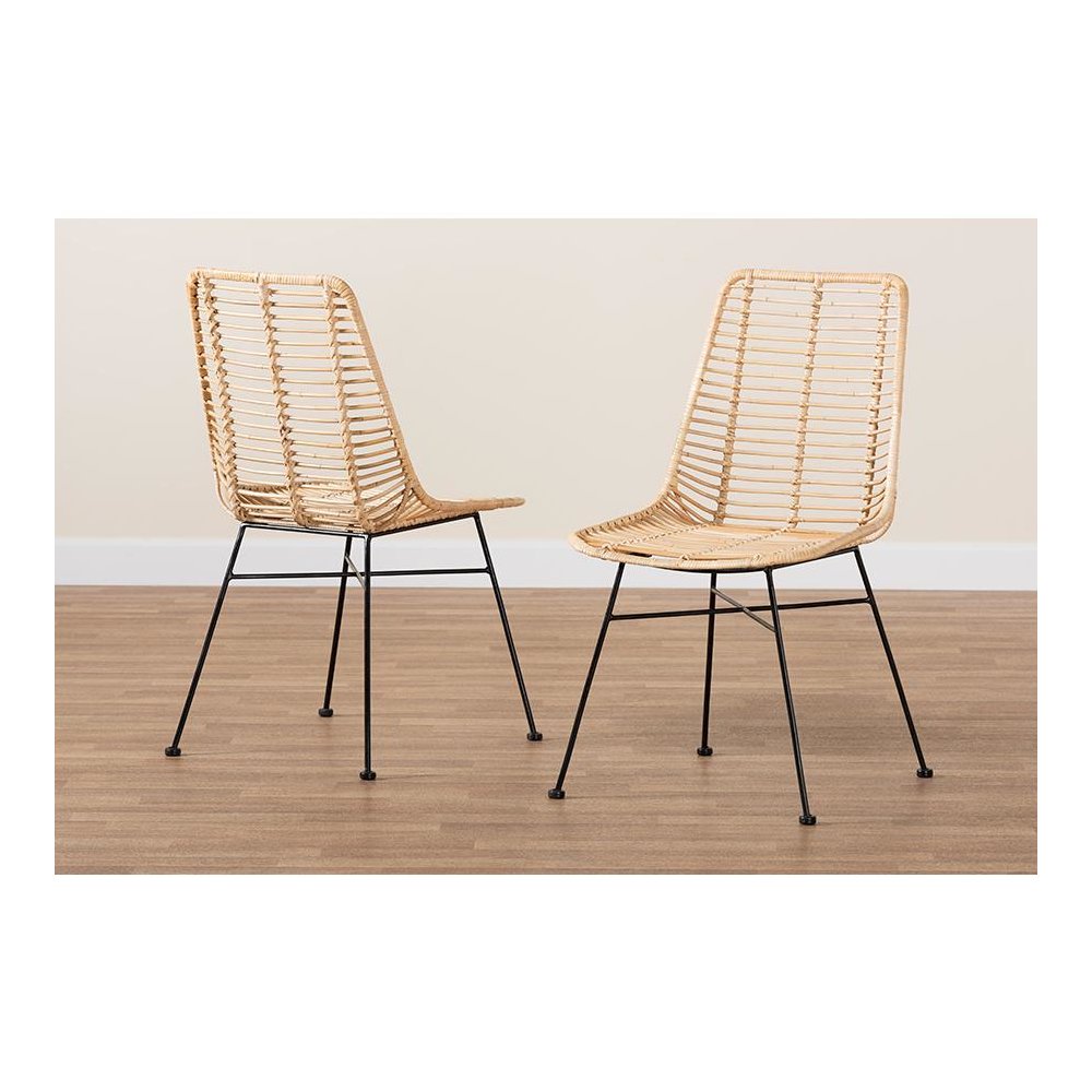 Bohemian Natural Brown Rattan and Black Metal 2-Piece Dining Chair Set. Picture 8