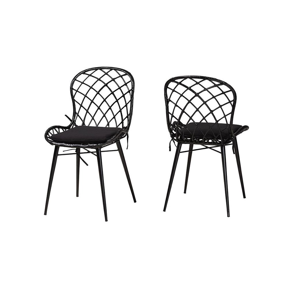 Bohemian Black Finished Rattan and Metal 2-Piece Dining Chair Set. Picture 1