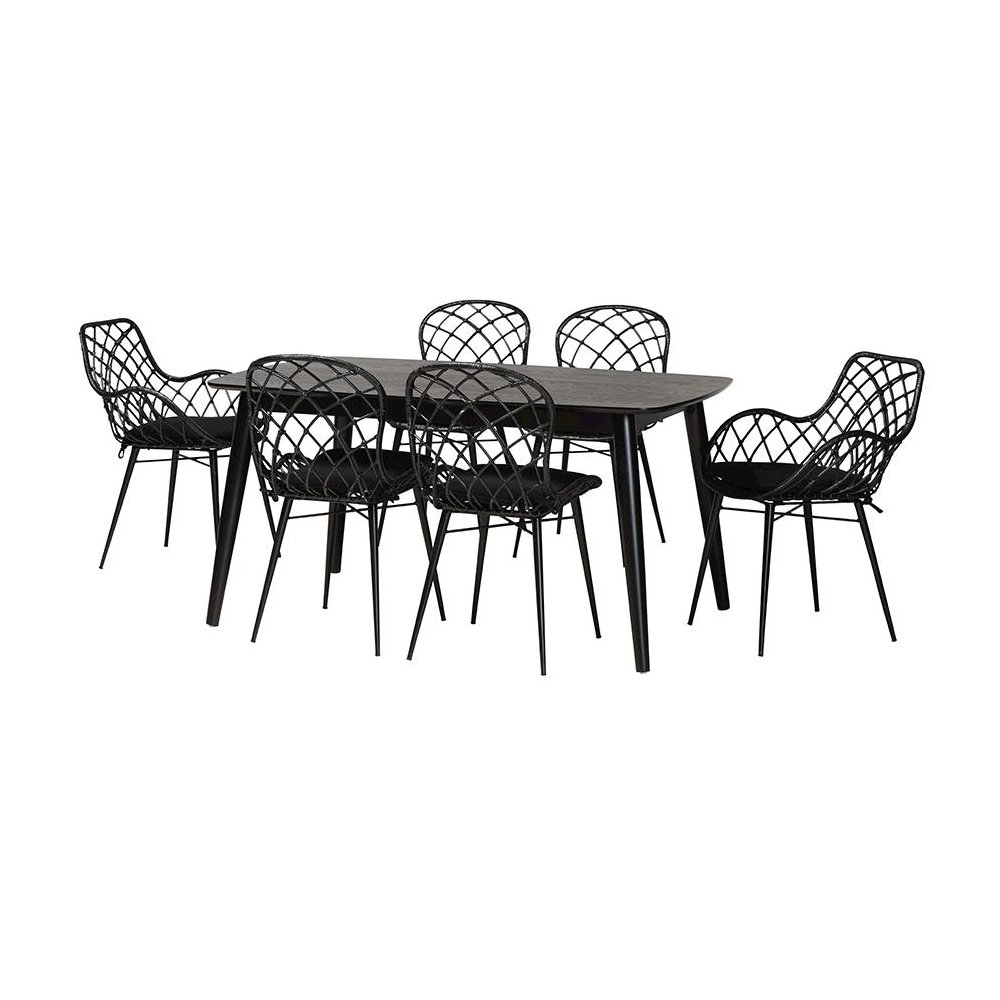 Aniceta Modern Bohemian Black Finished Wood and Rattan 7-Piece Dining Set. Picture 1