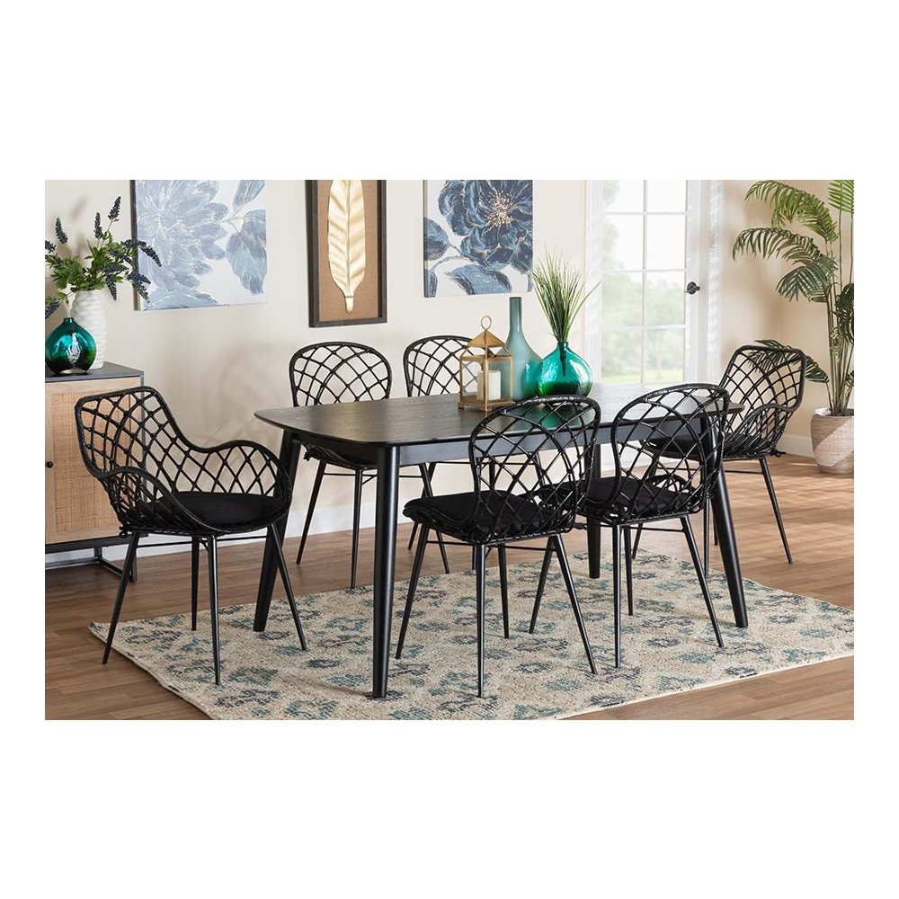 Aniceta Modern Bohemian Black Finished Wood and Rattan 7-Piece Dining Set. Picture 10