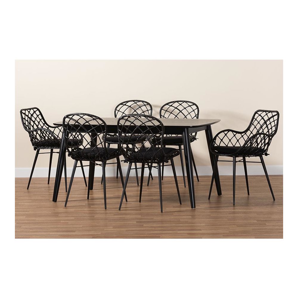 Aniceta Modern Bohemian Black Finished Wood and Rattan 7-Piece Dining Set. Picture 11
