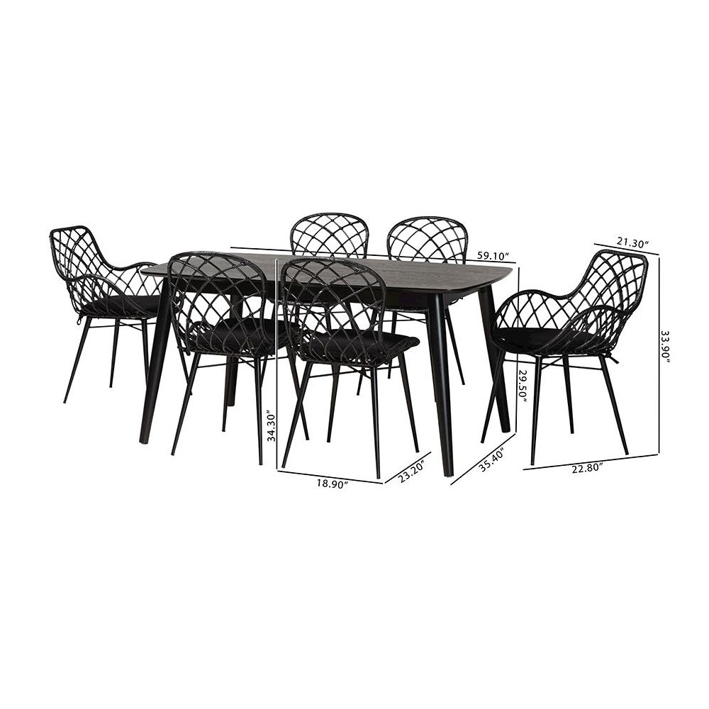 Aniceta Modern Bohemian Black Finished Wood and Rattan 7-Piece Dining Set. Picture 12