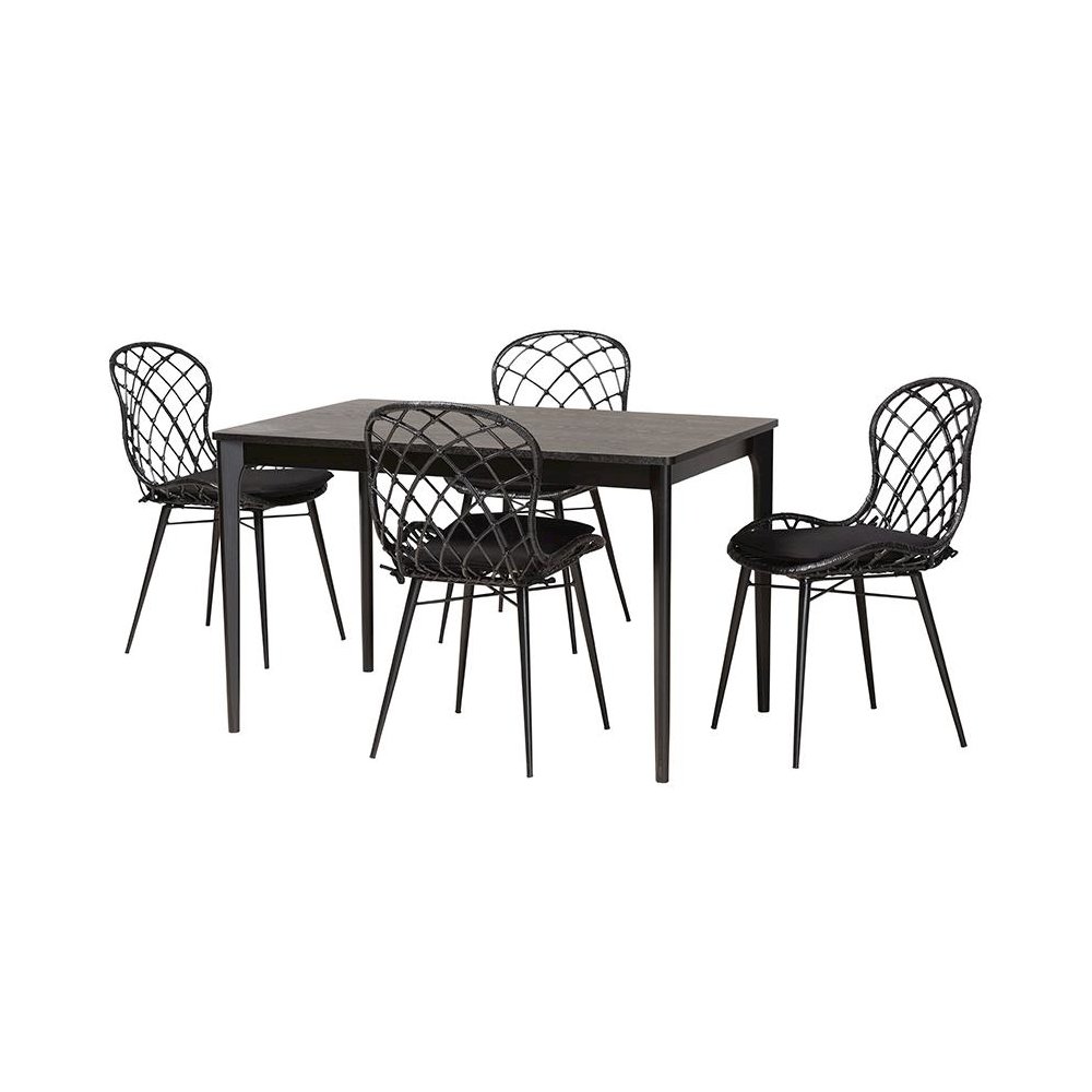 Sabelle Modern Bohemian Black Finished Wood and Rattan 5-Piece Dining Set. Picture 1