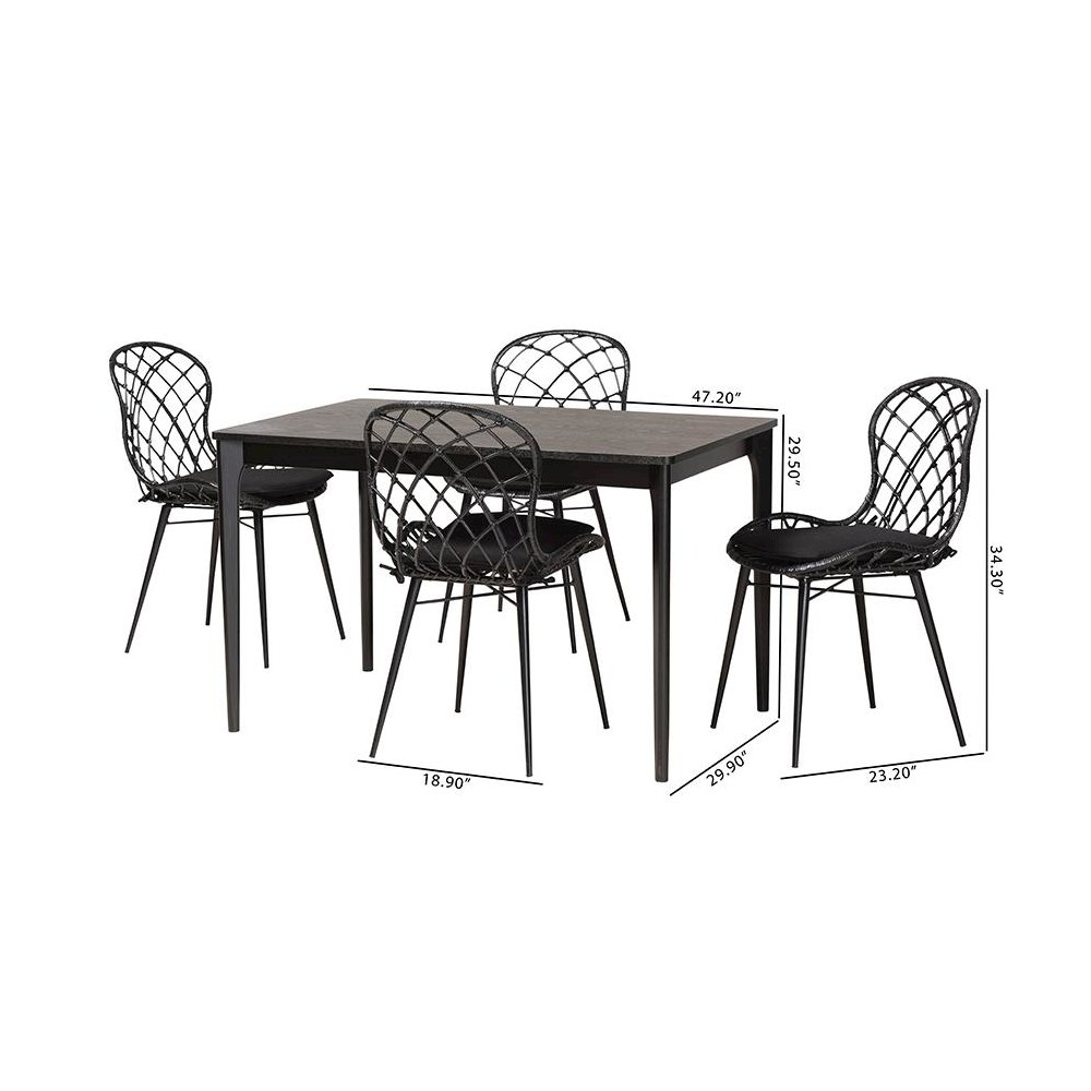 Sabelle Modern Bohemian Black Finished Wood and Rattan 5-Piece Dining Set. Picture 10