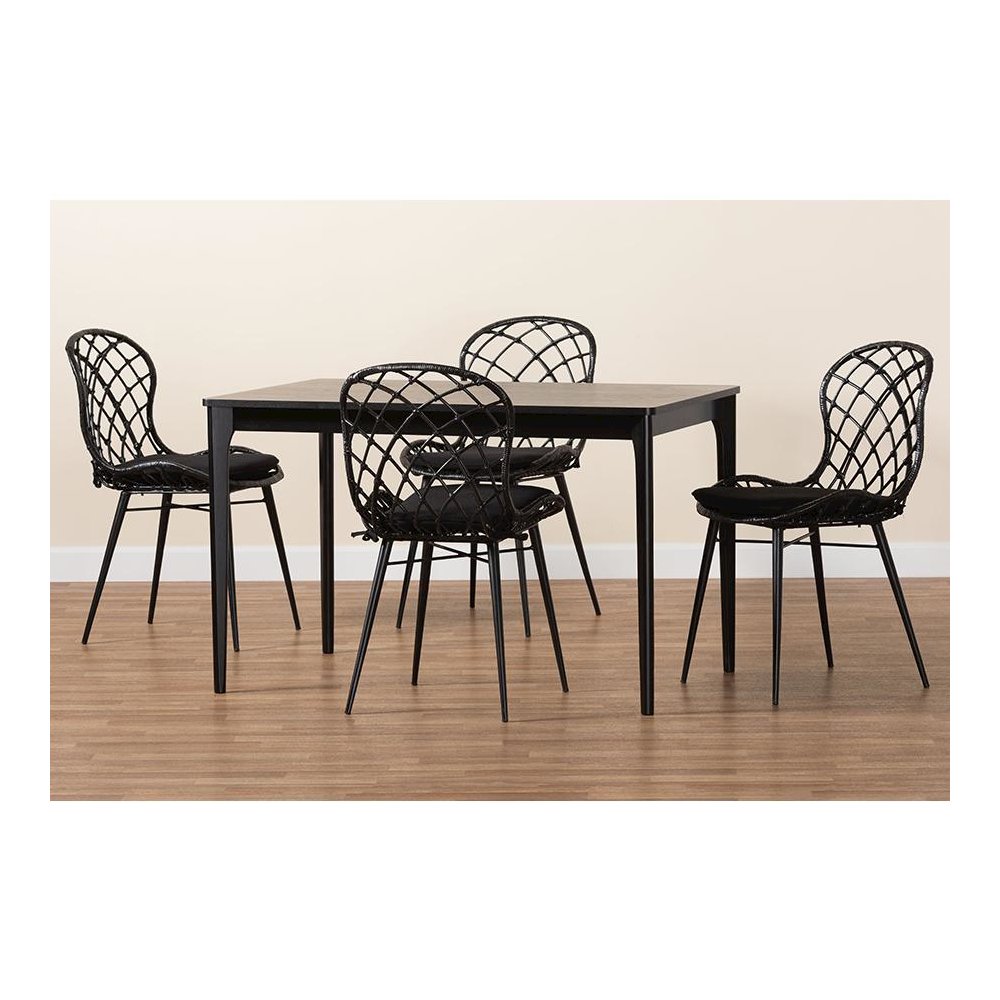 Sabelle Modern Bohemian Black Finished Wood and Rattan 5-Piece Dining Set. Picture 9