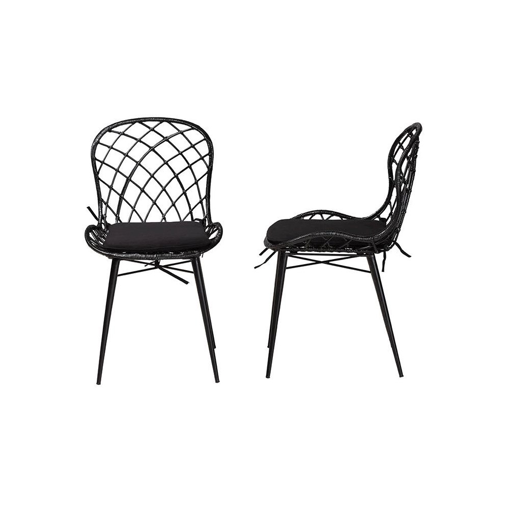 Bohemian Black Finished Rattan and Metal 2-Piece Dining Chair Set. Picture 3
