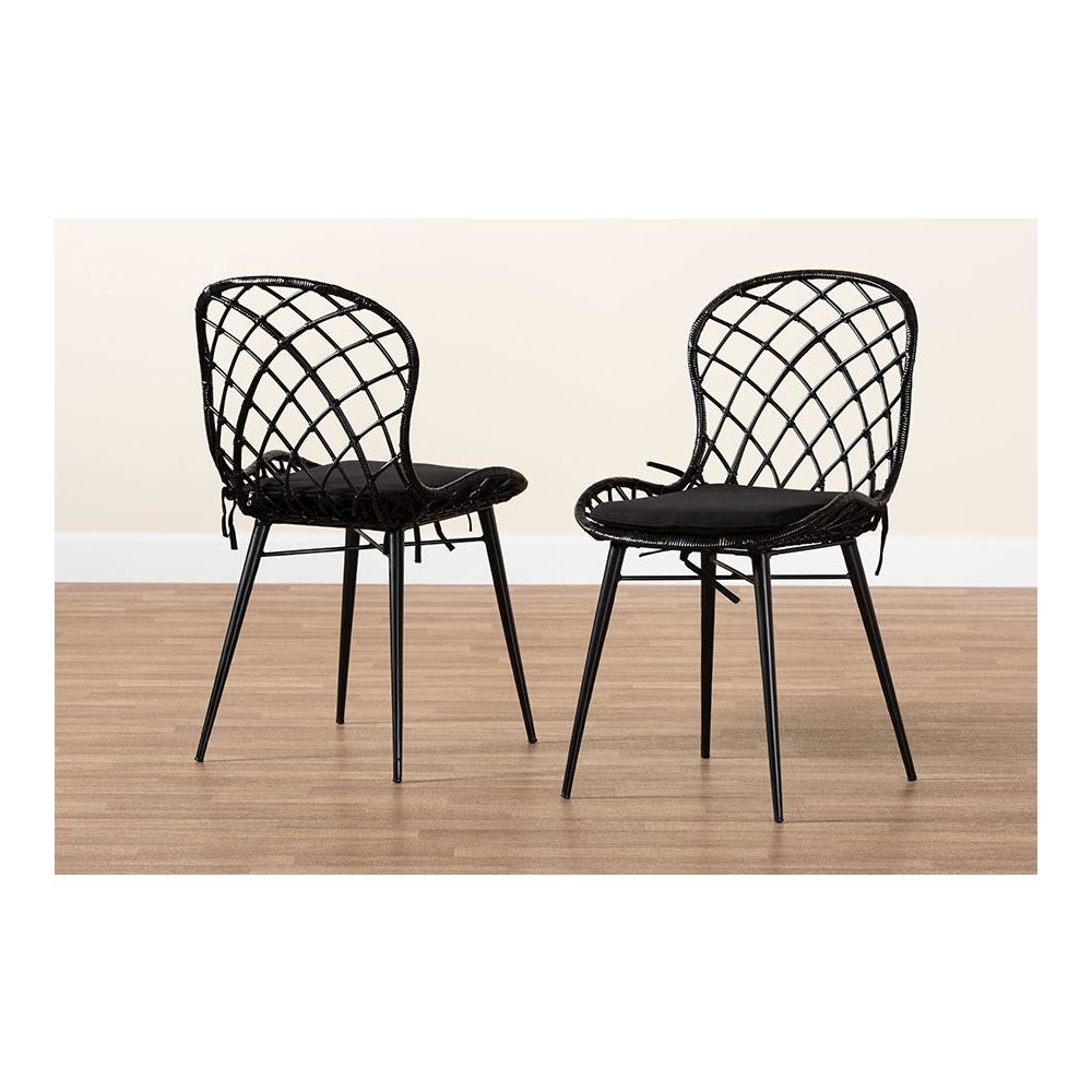 Bohemian Black Finished Rattan and Metal 2-Piece Dining Chair Set. Picture 8