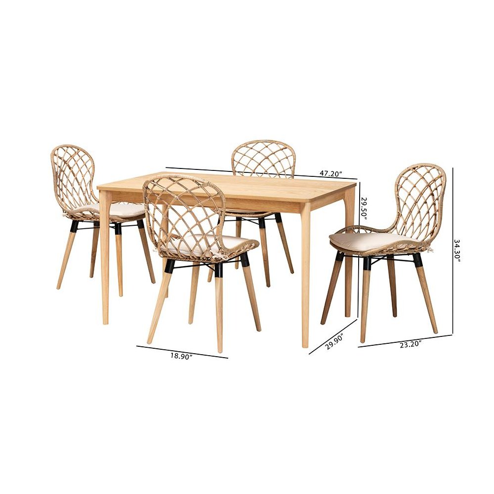 Bohemian Greywashed Rattan and Natural Brown Finished Wood 5-Piece Dining Set. Picture 10
