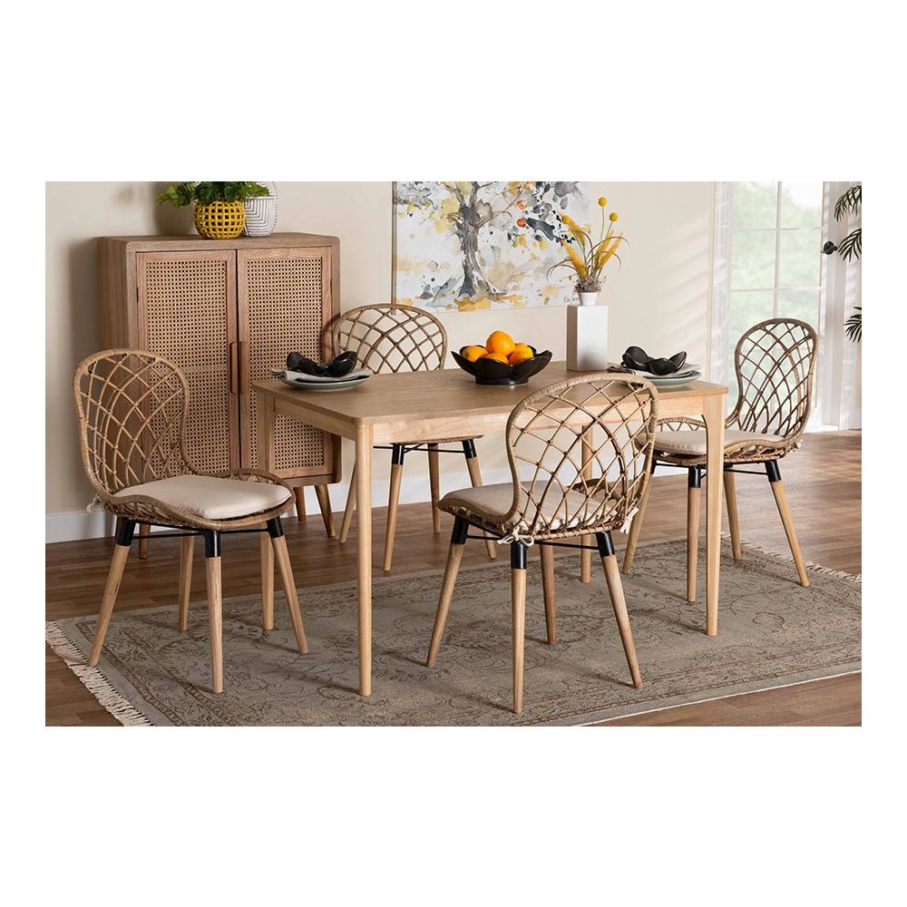 Bohemian Greywashed Rattan and Natural Brown Finished Wood 5-Piece Dining Set. Picture 8