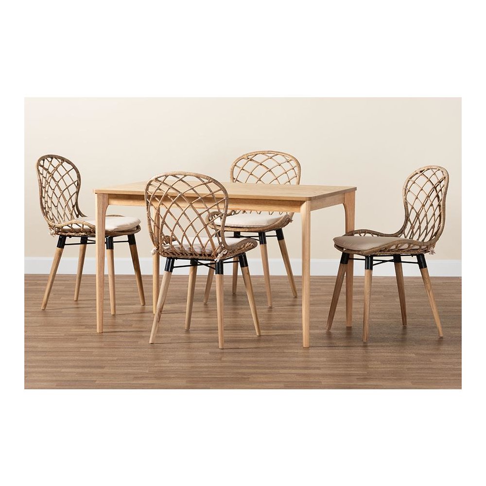 Bohemian Greywashed Rattan and Natural Brown Finished Wood 5-Piece Dining Set. Picture 9