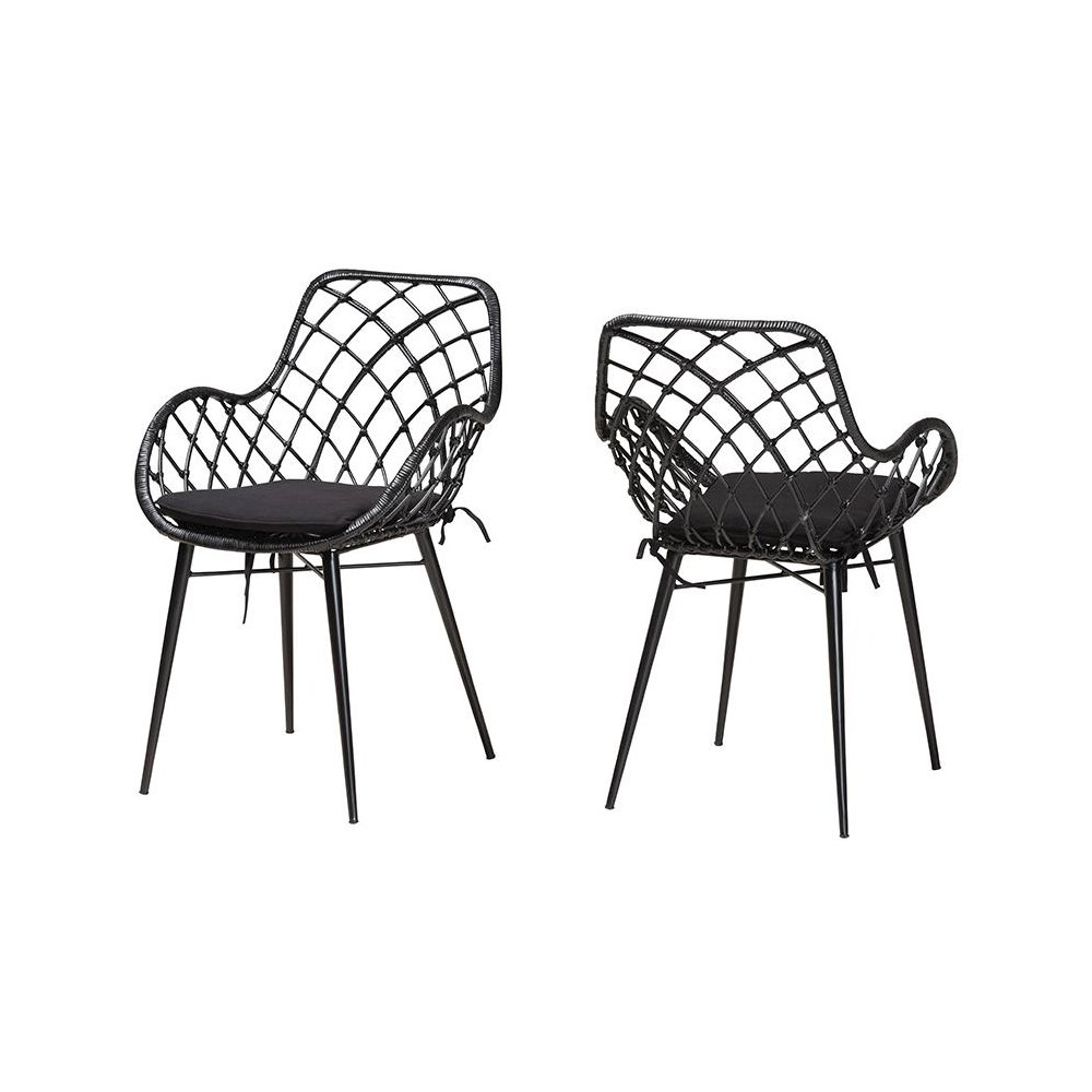 Bohemian Black Finished Rattan and Metal 2-Piece Dining Chair Set. Picture 1