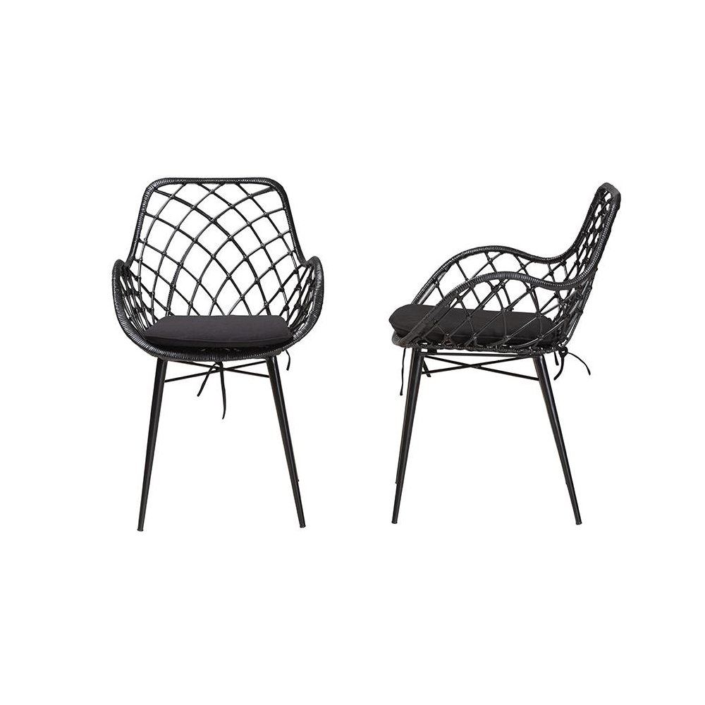 Bohemian Black Finished Rattan and Metal 2-Piece Dining Chair Set. Picture 3