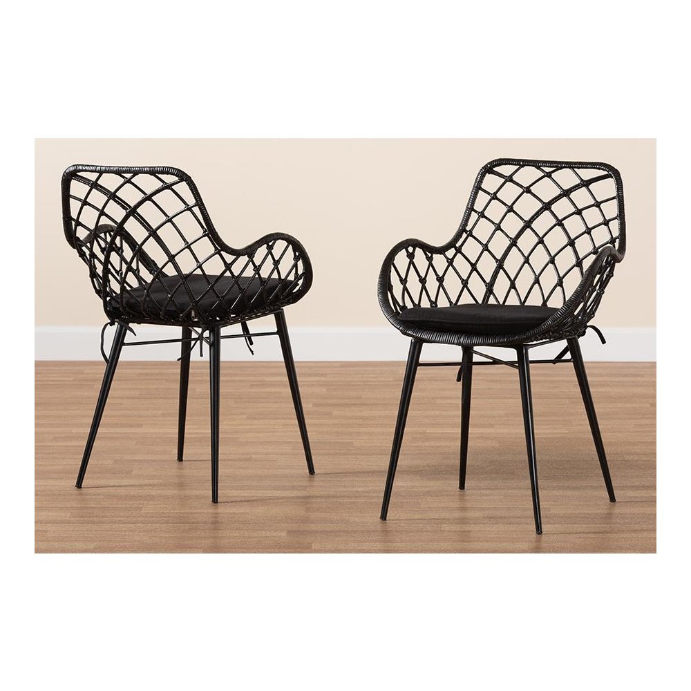 Bohemian Black Finished Rattan and Metal 2-Piece Dining Chair Set. Picture 8