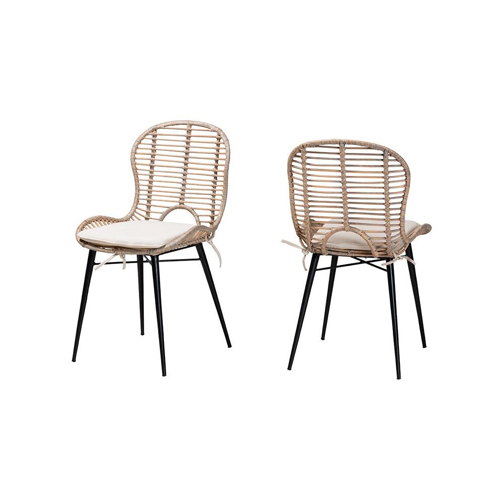 Bohemian Greywashed Rattan and Black Metal 2-Piece Dining Chair Set. Picture 1