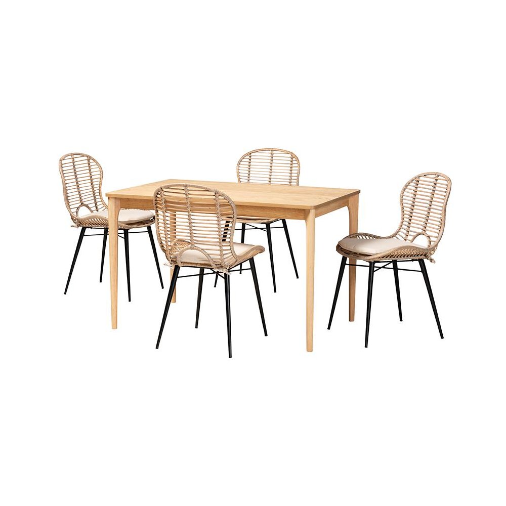 Bohemian Greywashed Rattan and Natural Brown Finished Wood 5-Piece Dining Set. Picture 1