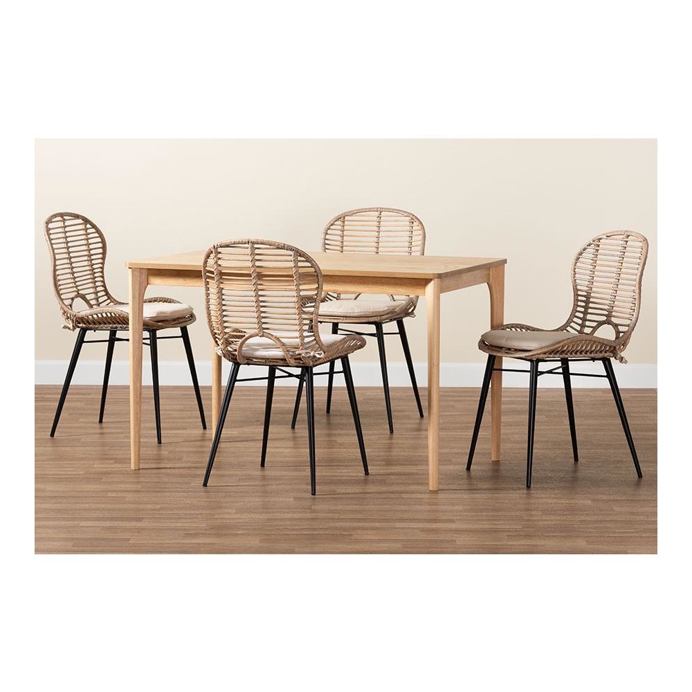 Bohemian Greywashed Rattan and Natural Brown Finished Wood 5-Piece Dining Set. Picture 9