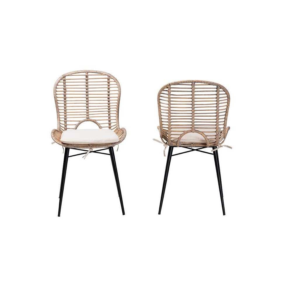 Bohemian Greywashed Rattan and Black Metal 2-Piece Dining Chair Set. Picture 2