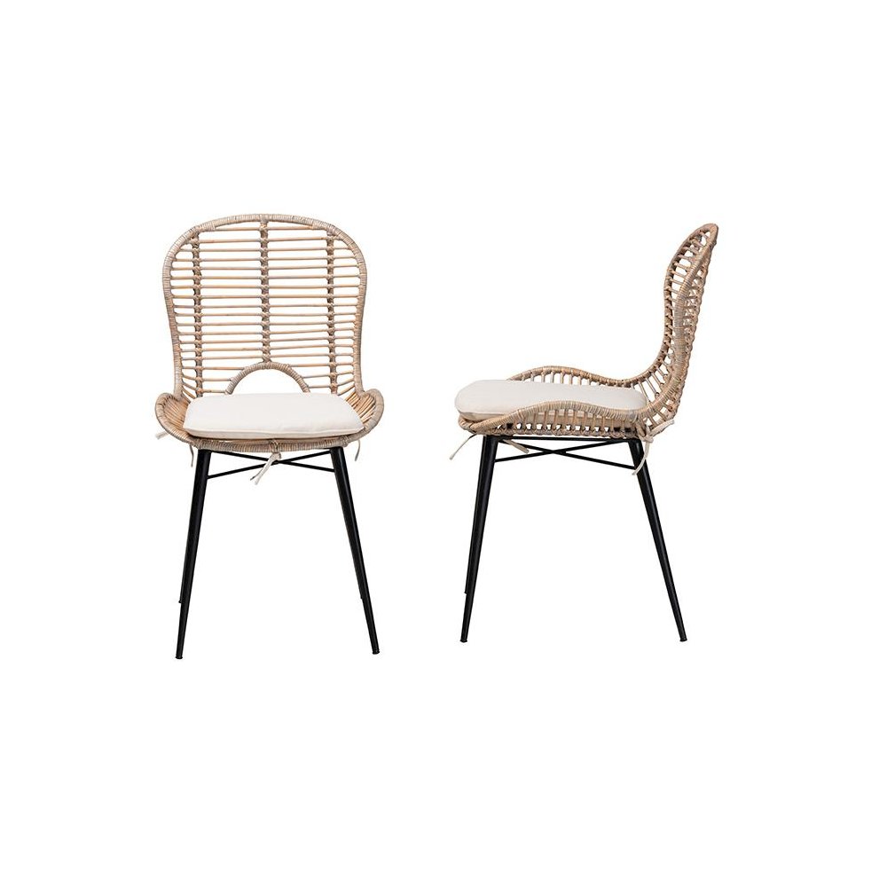 Bohemian Greywashed Rattan and Black Metal 2-Piece Dining Chair Set. Picture 3