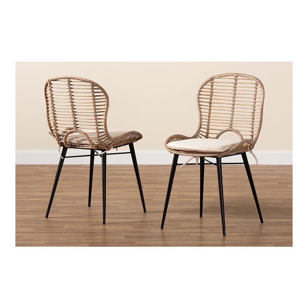 Bohemian Greywashed Rattan and Black Metal 2-Piece Dining Chair Set. Picture 8