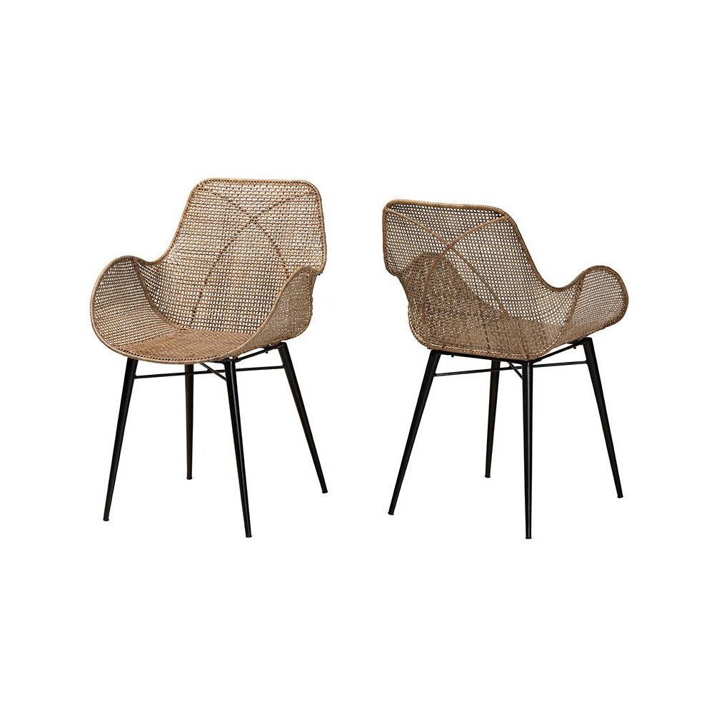 Bohemian Greywashed Rattan and Black Metal 2-Piece Dining Chair Set. Picture 1