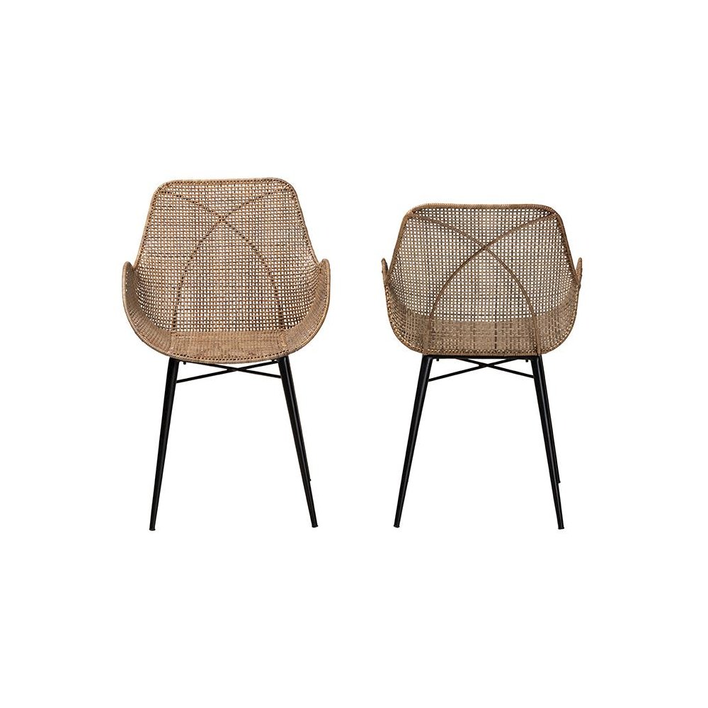 Bohemian Greywashed Rattan and Black Metal 2-Piece Dining Chair Set. Picture 2