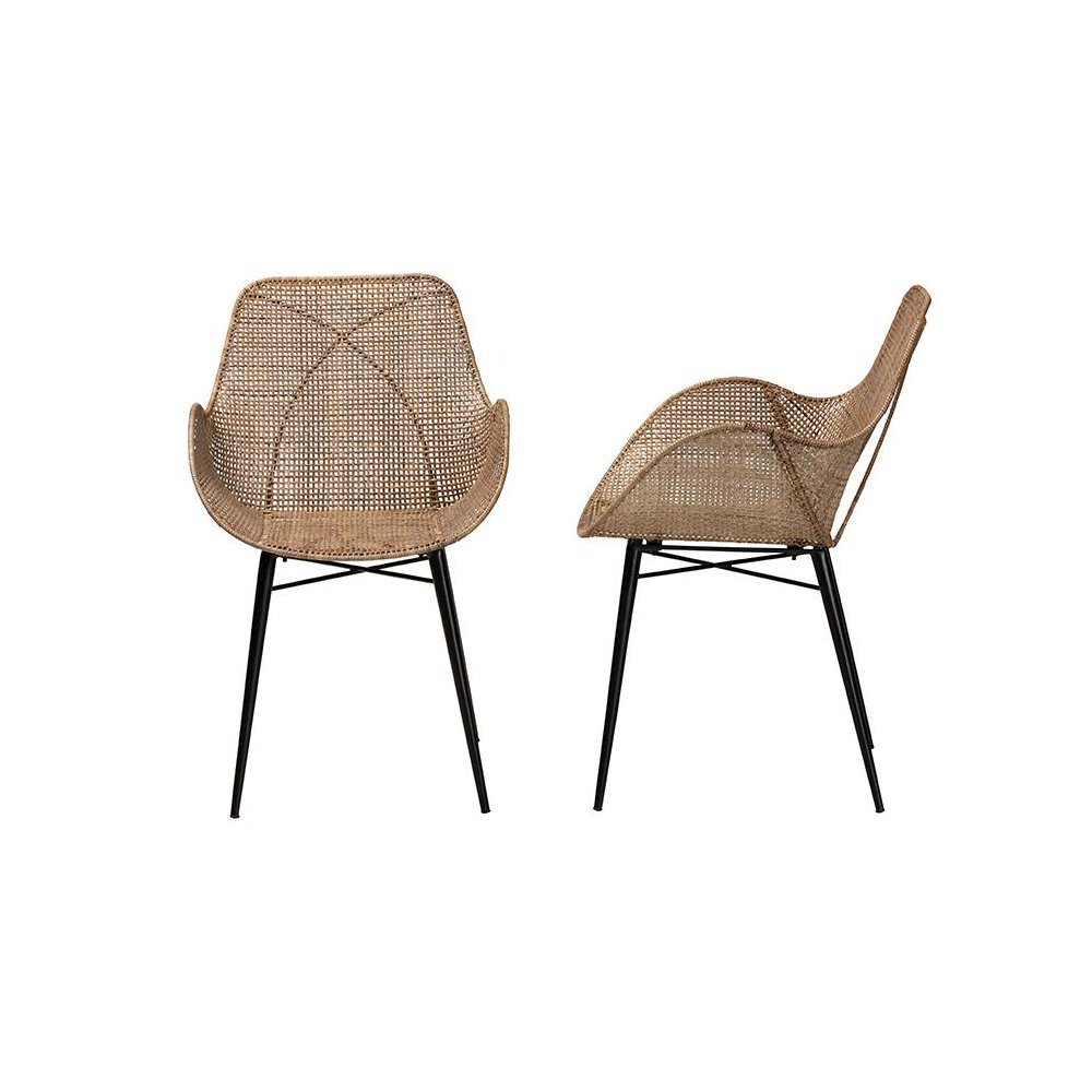 Bohemian Greywashed Rattan and Black Metal 2-Piece Dining Chair Set. Picture 3