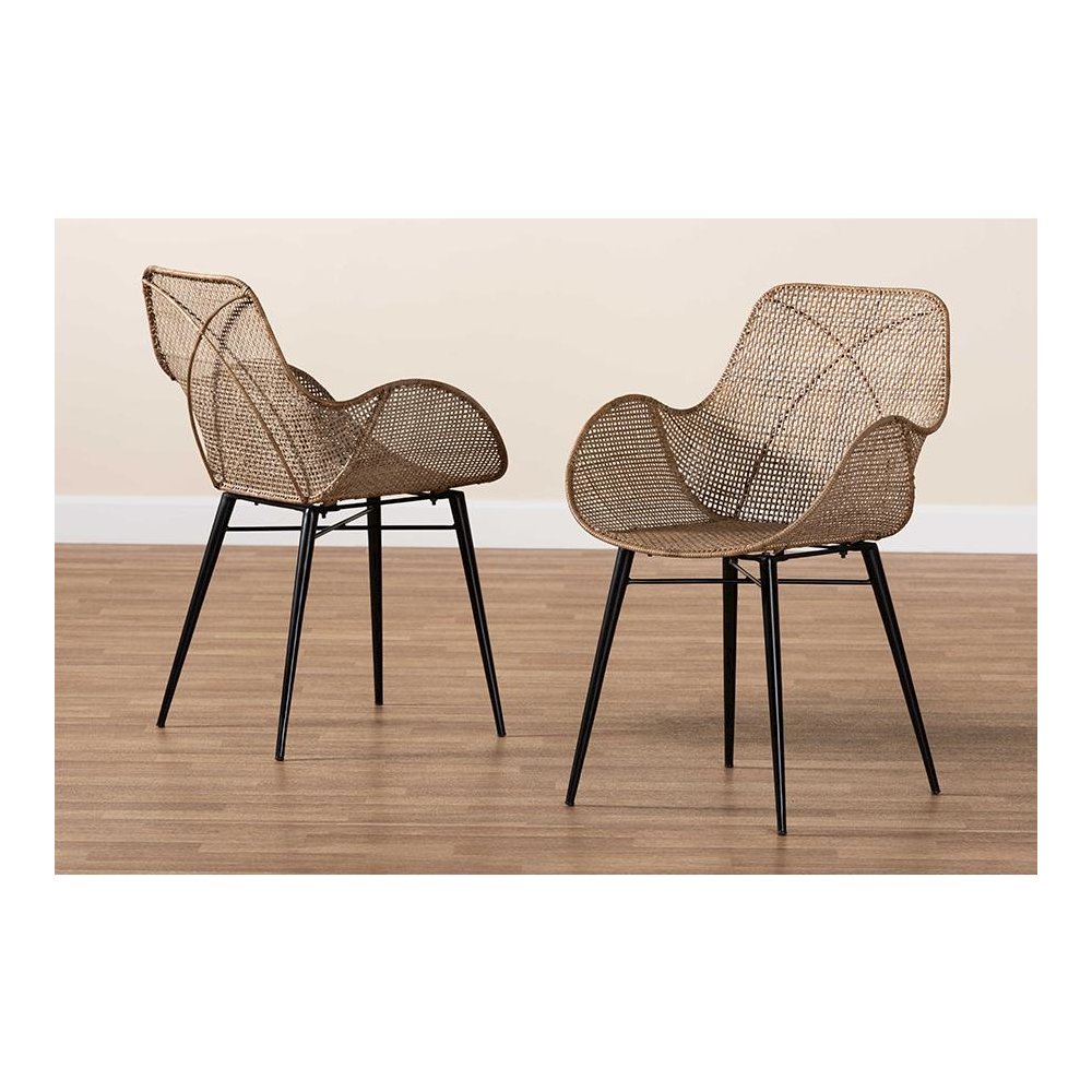 Bohemian Greywashed Rattan and Black Metal 2-Piece Dining Chair Set. Picture 8