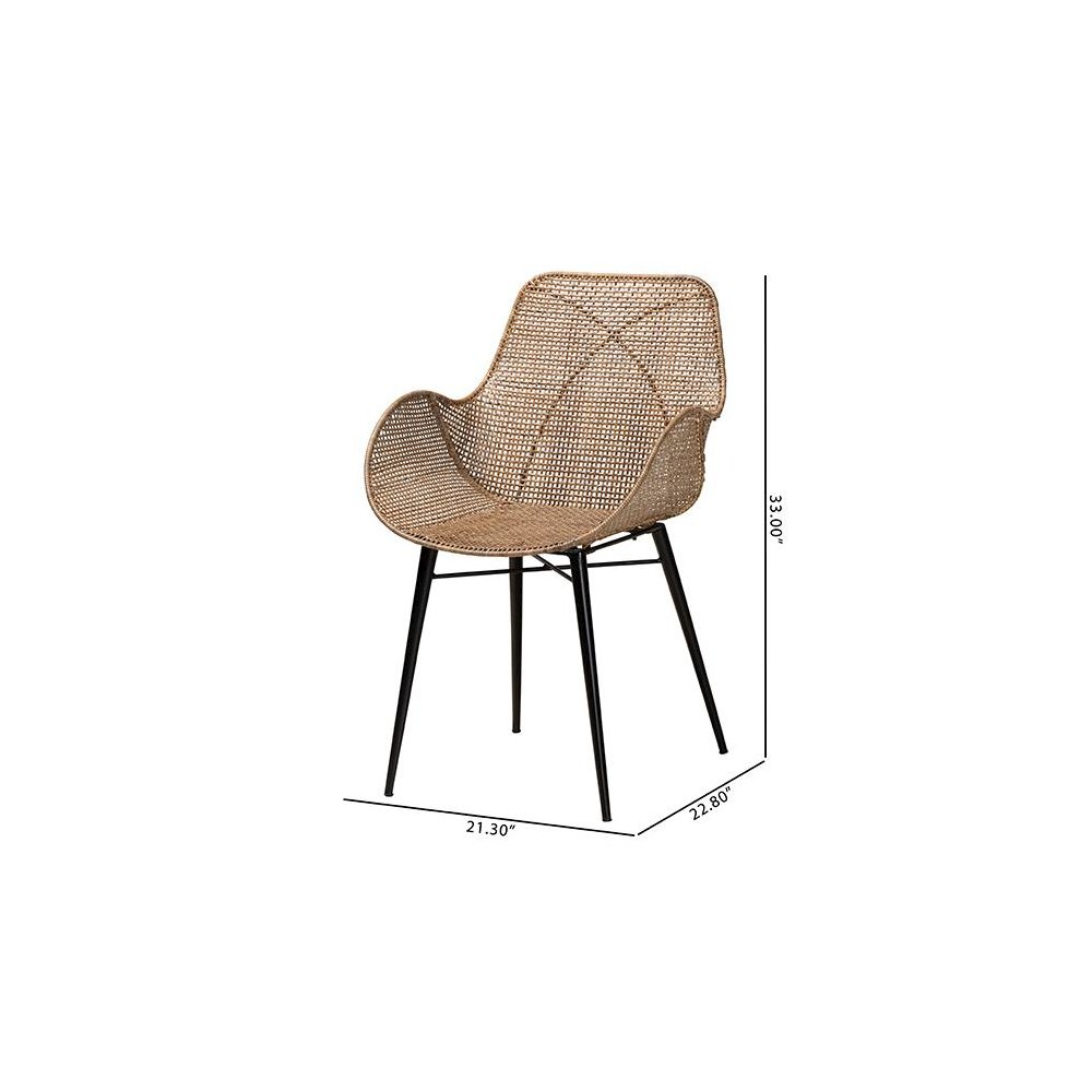 Bohemian Greywashed Rattan and Black Metal 2-Piece Dining Chair Set. Picture 9