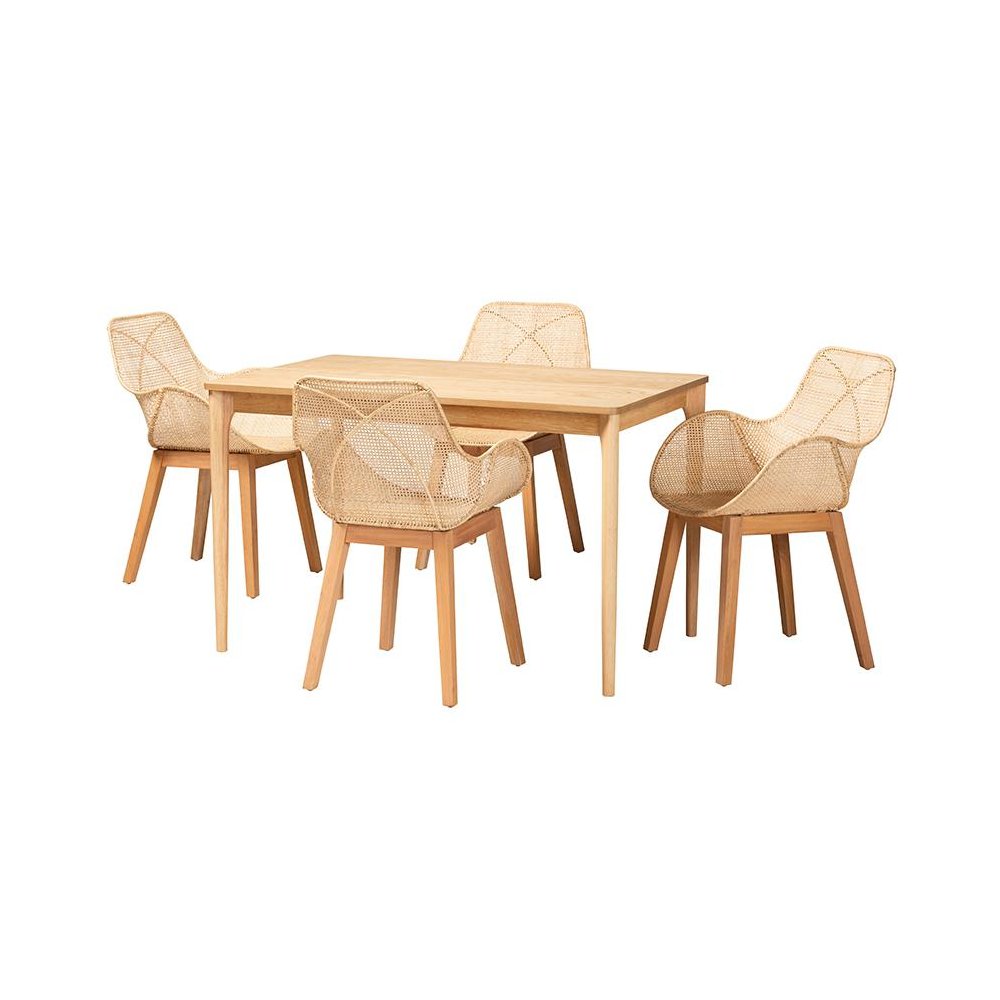 Ballerina Japandi Natural Brown Mahogany Wood and Rattan 5-Piece Dining Set. Picture 1
