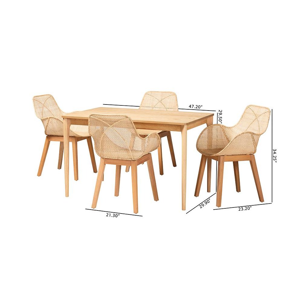 Ballerina Japandi Natural Brown Mahogany Wood and Rattan 5-Piece Dining Set. Picture 10
