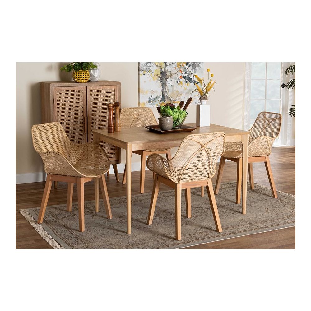Ballerina Japandi Natural Brown Mahogany Wood and Rattan 5-Piece Dining Set. Picture 8