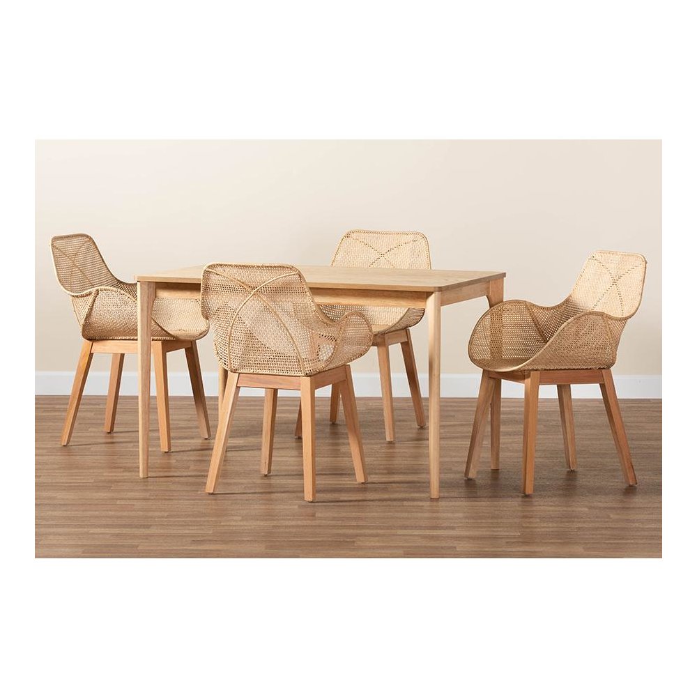 Ballerina Japandi Natural Brown Mahogany Wood and Rattan 5-Piece Dining Set. Picture 9