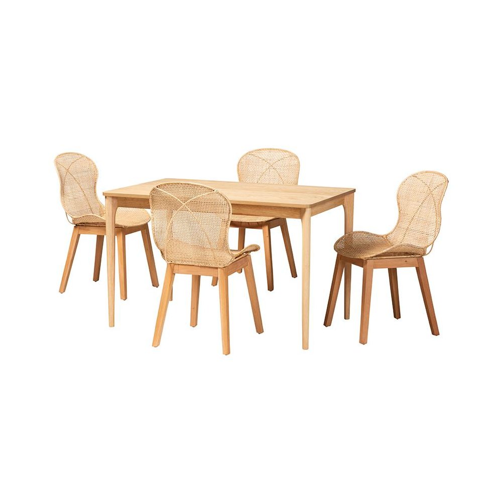 Sabelle Japandi Natural Brown Mahogany Wood and Rattan 5-Piece Dining Set. Picture 1