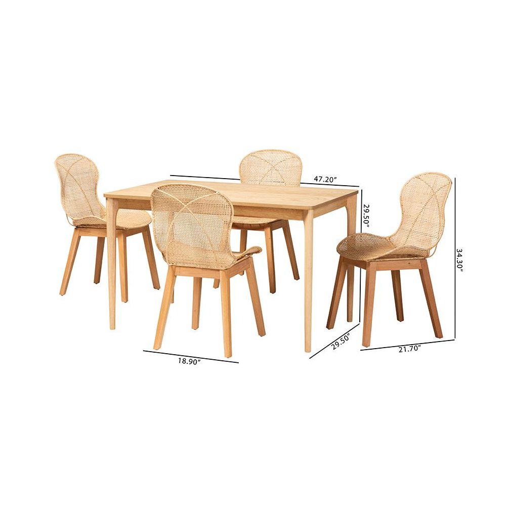 Sabelle Japandi Natural Brown Mahogany Wood and Rattan 5-Piece Dining Set. Picture 10