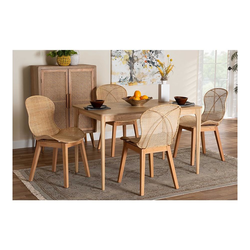 Sabelle Japandi Natural Brown Mahogany Wood and Rattan 5-Piece Dining Set. Picture 8