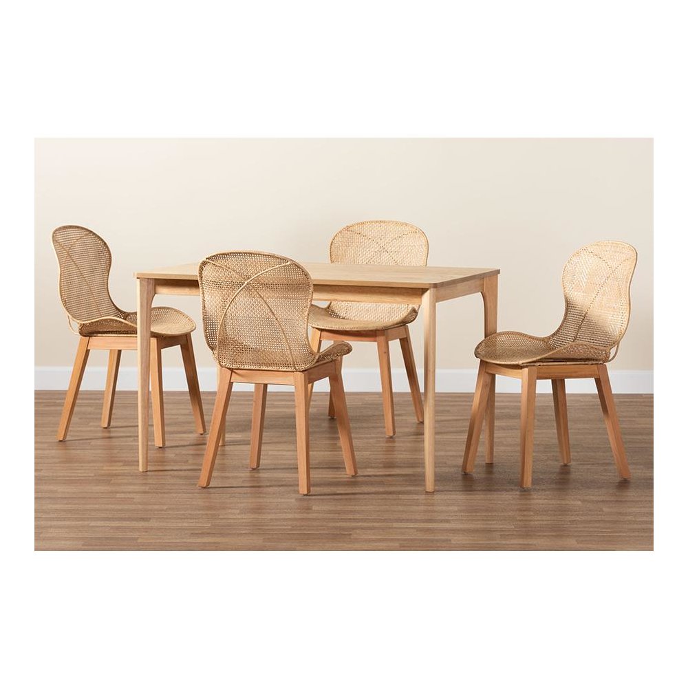 Sabelle Japandi Natural Brown Mahogany Wood and Rattan 5-Piece Dining Set. Picture 9