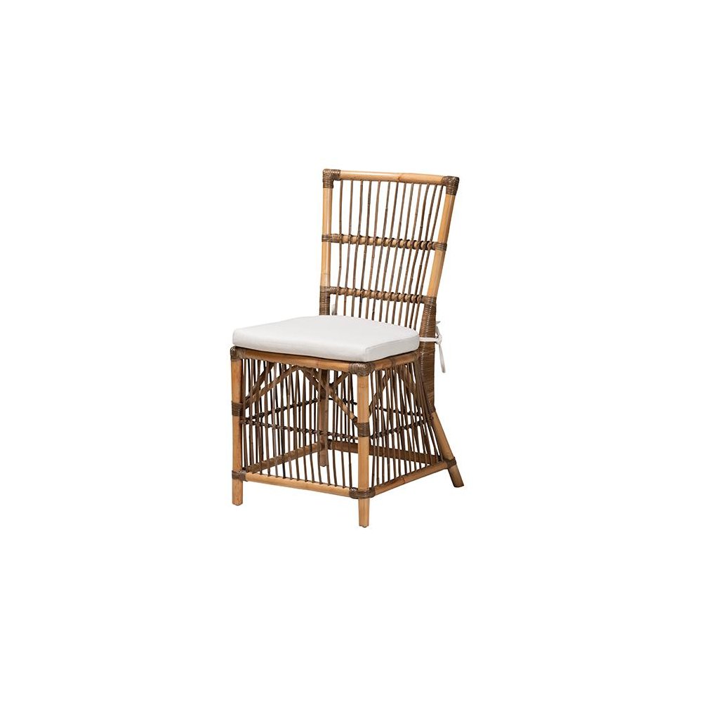Bohemian White Fabric and Natural Brown Rattan Dining Chair. Picture 1